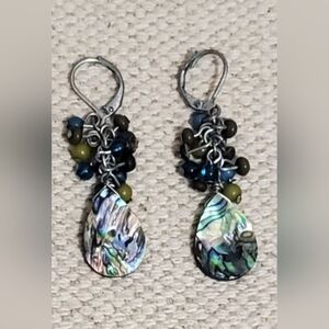 Abalone Shell, Beaded Earrings, Vintage 2" Drop, Dangle.